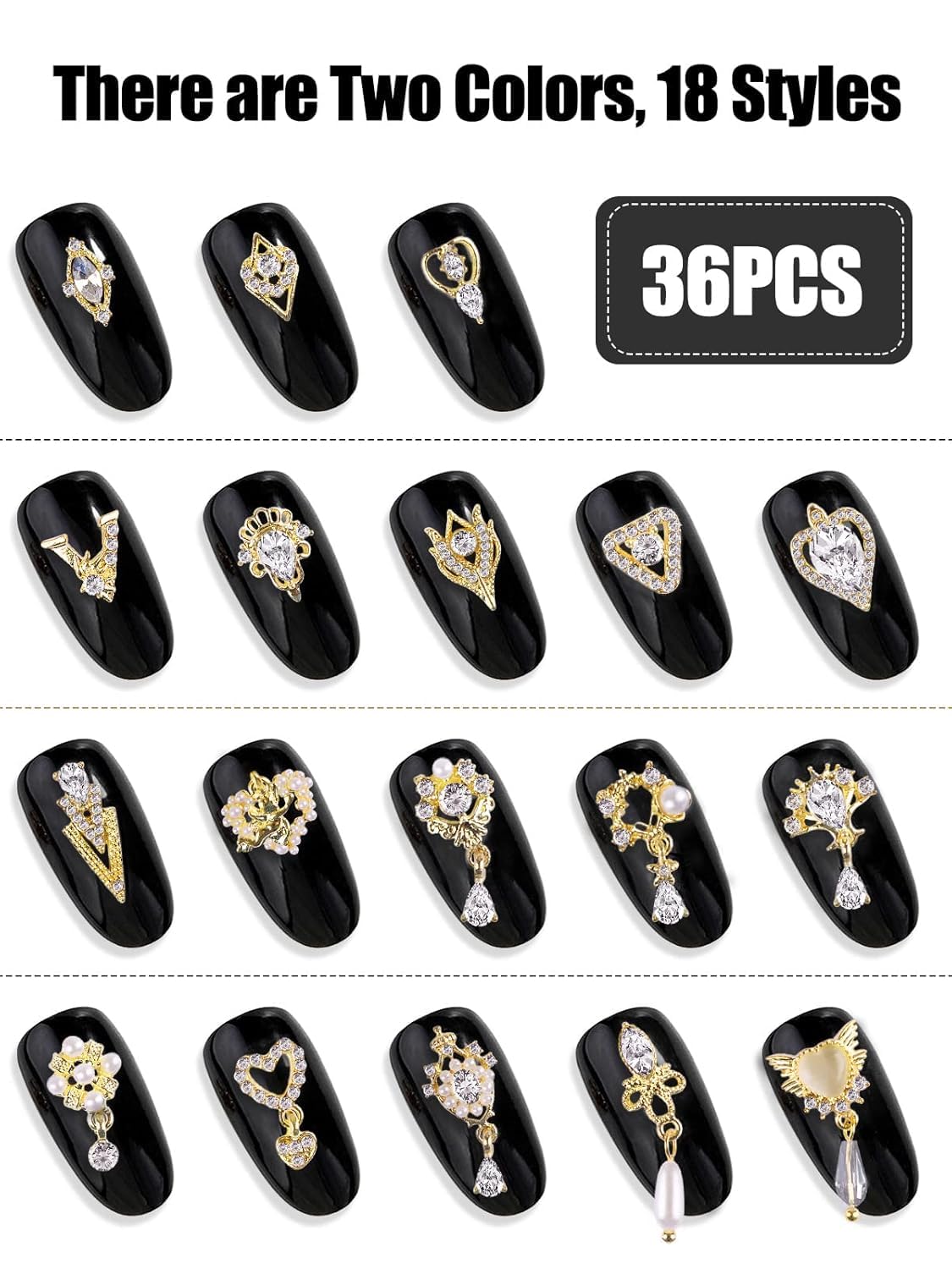 36 Pcs Luxury Nail Charms, TEBANKU 3D Dangle Nail Art Rhinestones Gold Silver Heart Pearl Crystal Gems Nail Diamond for Girl Women DIY Nail Design Craft Jewelry Making