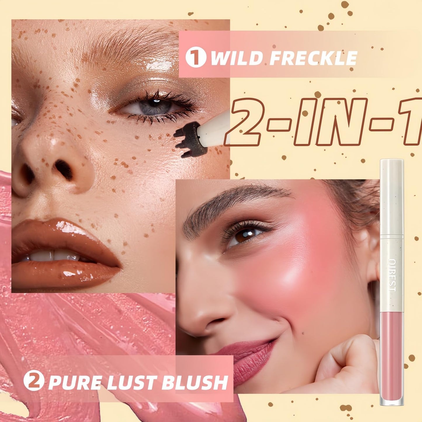 Xunzhi Natural Freckle Blush Pen, 2-in-1 Light Brown Liquid Freckle Stamp and Soft Pink Liquid Blush for Cheeks,Blushers for Cheeks Make Up,Powder B/lush,F/reckle Pen,Fake Freckles,Makeup B/lush