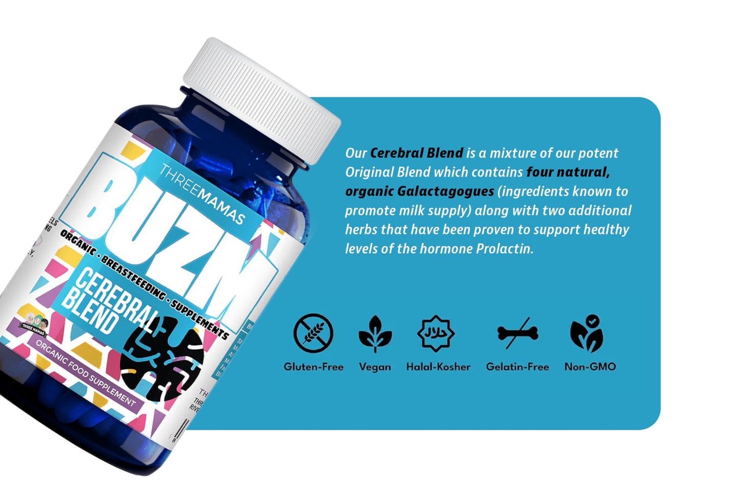 Three Mamas BUZM: Cerebral Blend, Prolactin Support, Natural Herbal Breastfeeding Supplement for Lactation, Aids Milk Supply, Breast Feeding Lactation Vitamins (25 Days Supply)