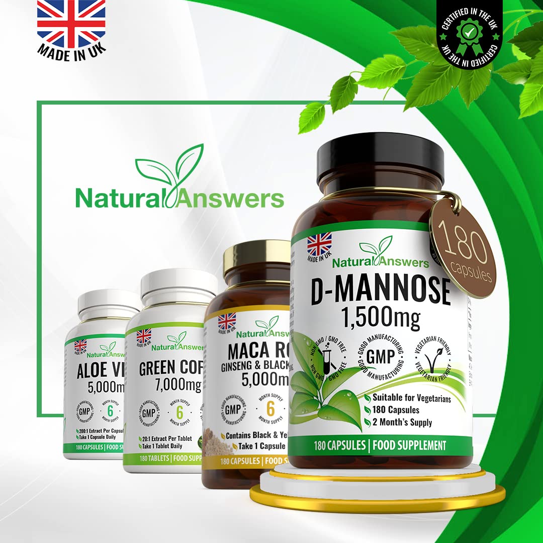 Natural Answers D-Mannose 180 Capsules - Max Strength 1500mg per Serving - Precision DMannose - Vegetarian Capsules not Tablets or Pills, Made in The UK (180 Count (Pack of 1))