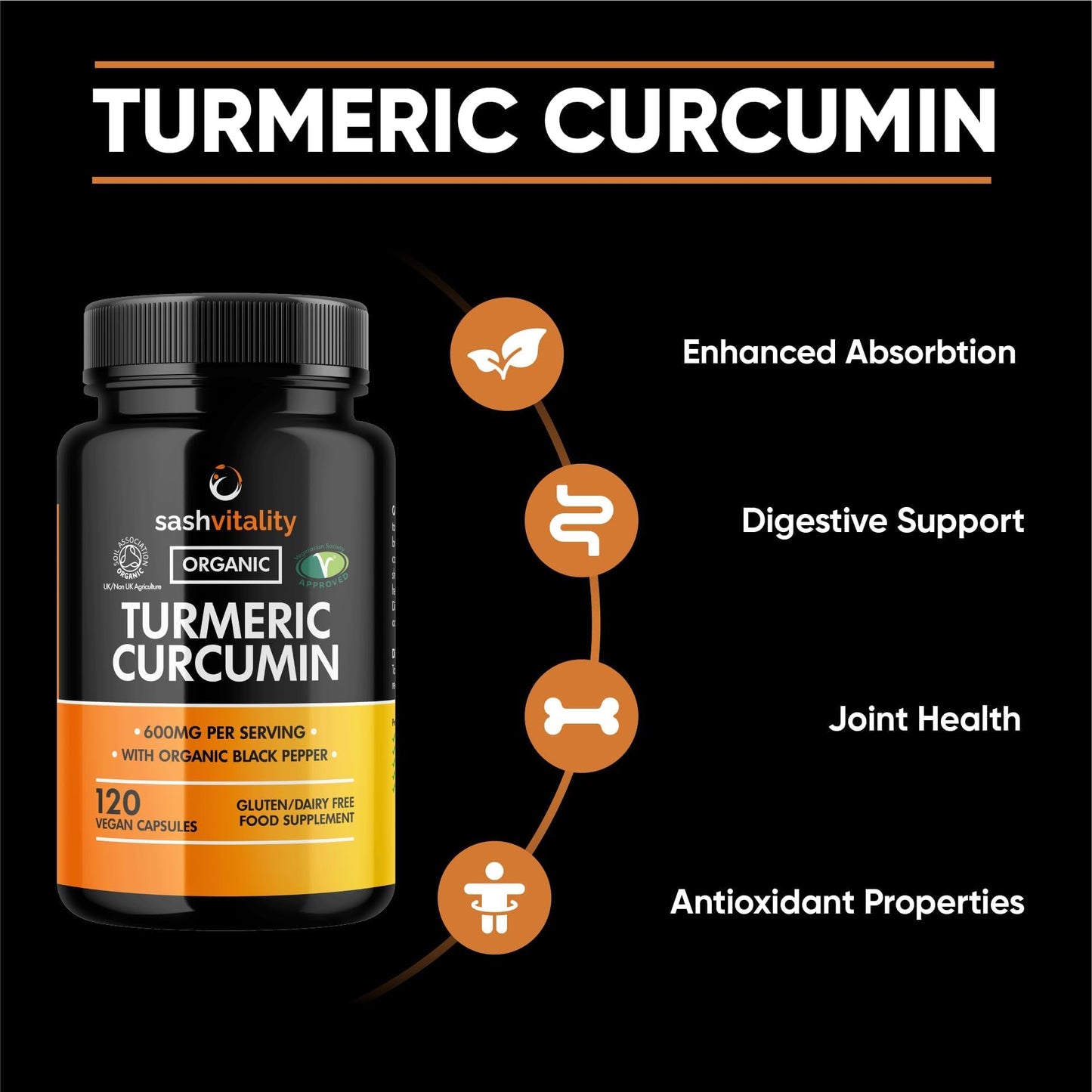 SASH Vitality Organic Turmeric Curcumin 600mg Serving with Organic Black Pepper | 120 Vegan Capsules | High Potency Antioxidant & Absorption | Certified Organic Supplement – UK Made Sash Vitality