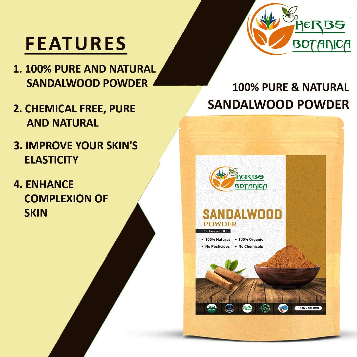 Herbs Botanica Chandan (Sandalwood) Powder Organic 100gm / 3.52 oz For Skin, Face Pack, Face Mask, Worship Tilak, Auspicious Occasions 100% Natural