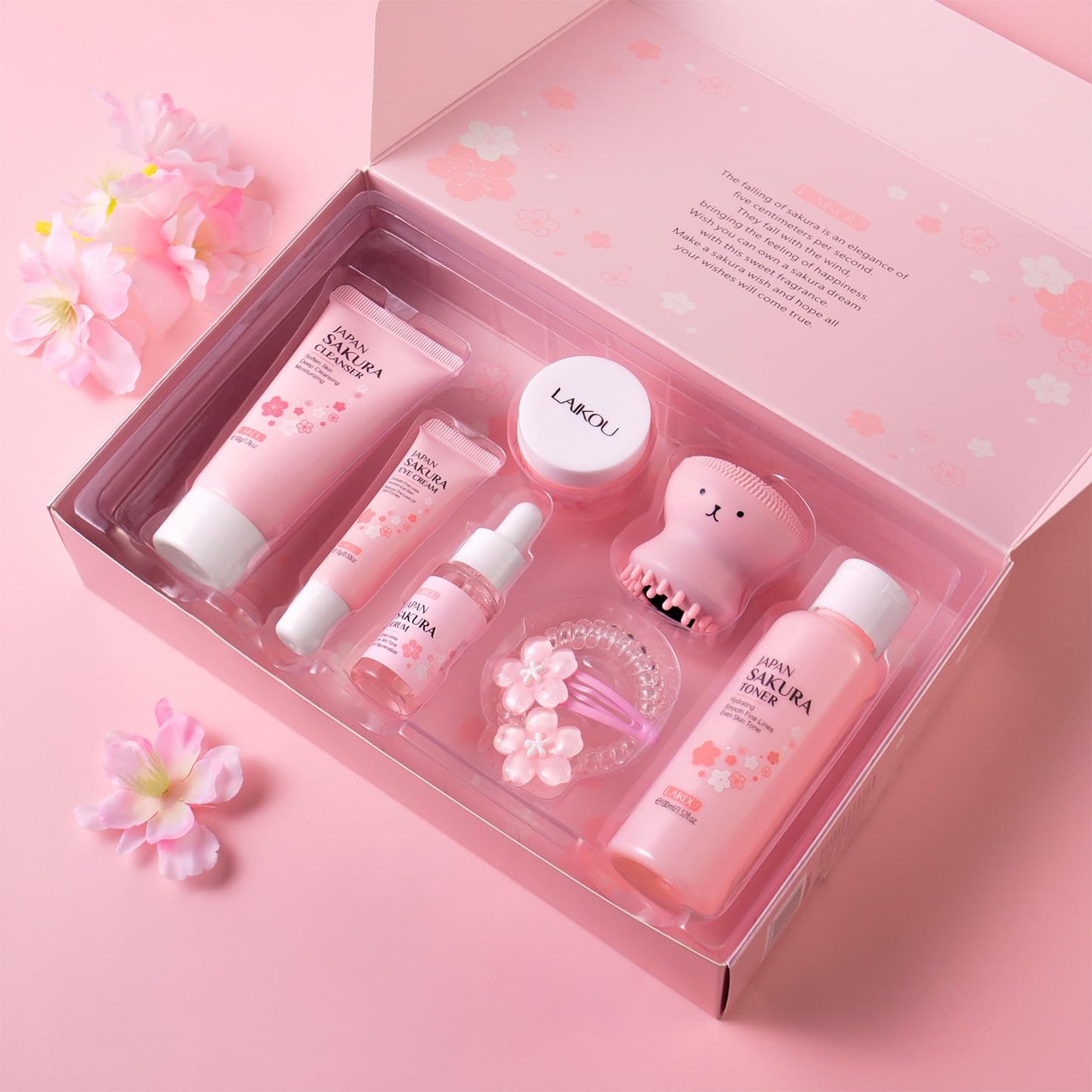 SkinCare Set, JAPAN Sakura Skin Care Sets & Kits, Cleanser, Toner, Serum, Eye Cream, Face Cream, Hair Clip&Tie, Facial Cleansing Brush, Skin Care Gift Set, Hair Care Gift Set for Teenage Girls(8pcs)