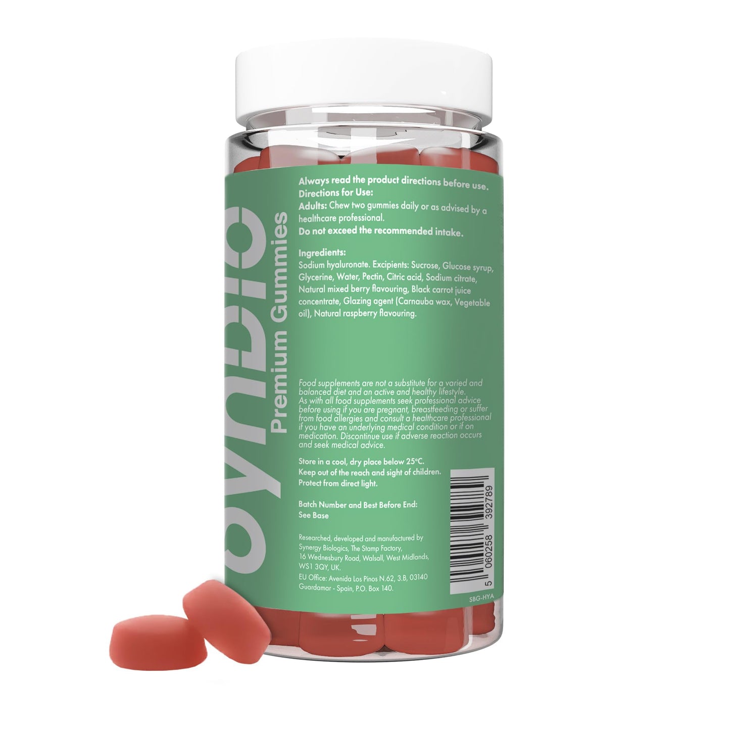 SynBio Hyaluronic Acid Gummies | Supports Skin Hydration & Joint Health | 50mg Sodium Hyaluronate | Gelatin Free, Vegan, Halal & Kosher | 60 Tasty Mixed Berry Flavour Gummies