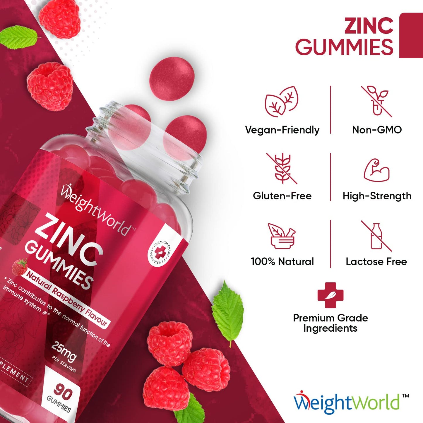 Zinc Gummies 25mg per Gummy – 90 Vegan Zinc Citrate Gummies - Natural Raspberry Flavour – Better Alternative to Bitter Zinc Tablets - Immunity, Skin & Hair Gummies - Zinc Supplement for Men & Women