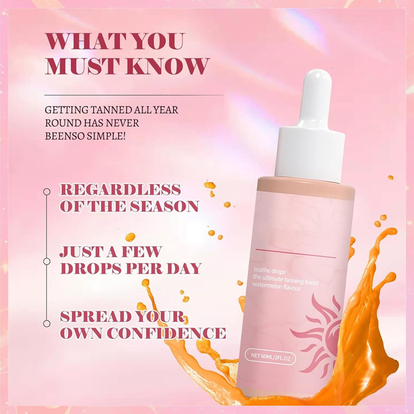 Tanning Drops, Enhances Natural Skin Tone, Moisturises Skin, Gradual Tanning, Naturally Promotes Melanin Production, Protects Against Sun Damage, Suitable for All Skin Types (60ml)