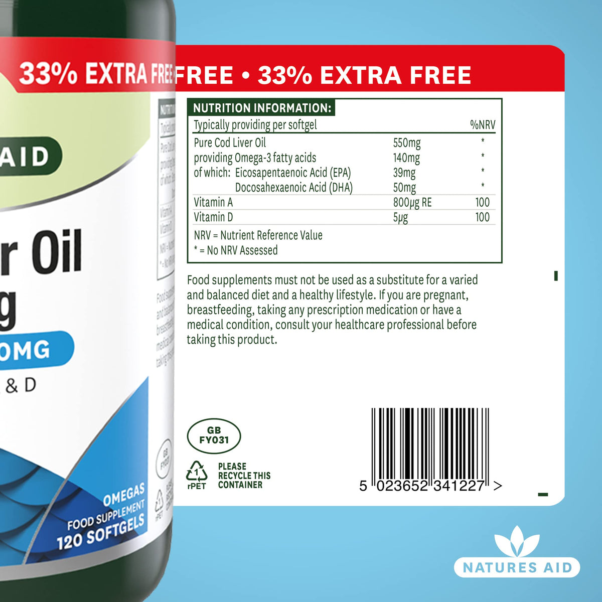 Natures Aid Cod Liver Oil 550mg Softgels – High Strength Omega-3 Fish Oil with Vitamins A, D Plus EPA & DHA – Supports Healthy Immune System Heart Health Brain Vision Joints – Non-GMO – 120 Capsules