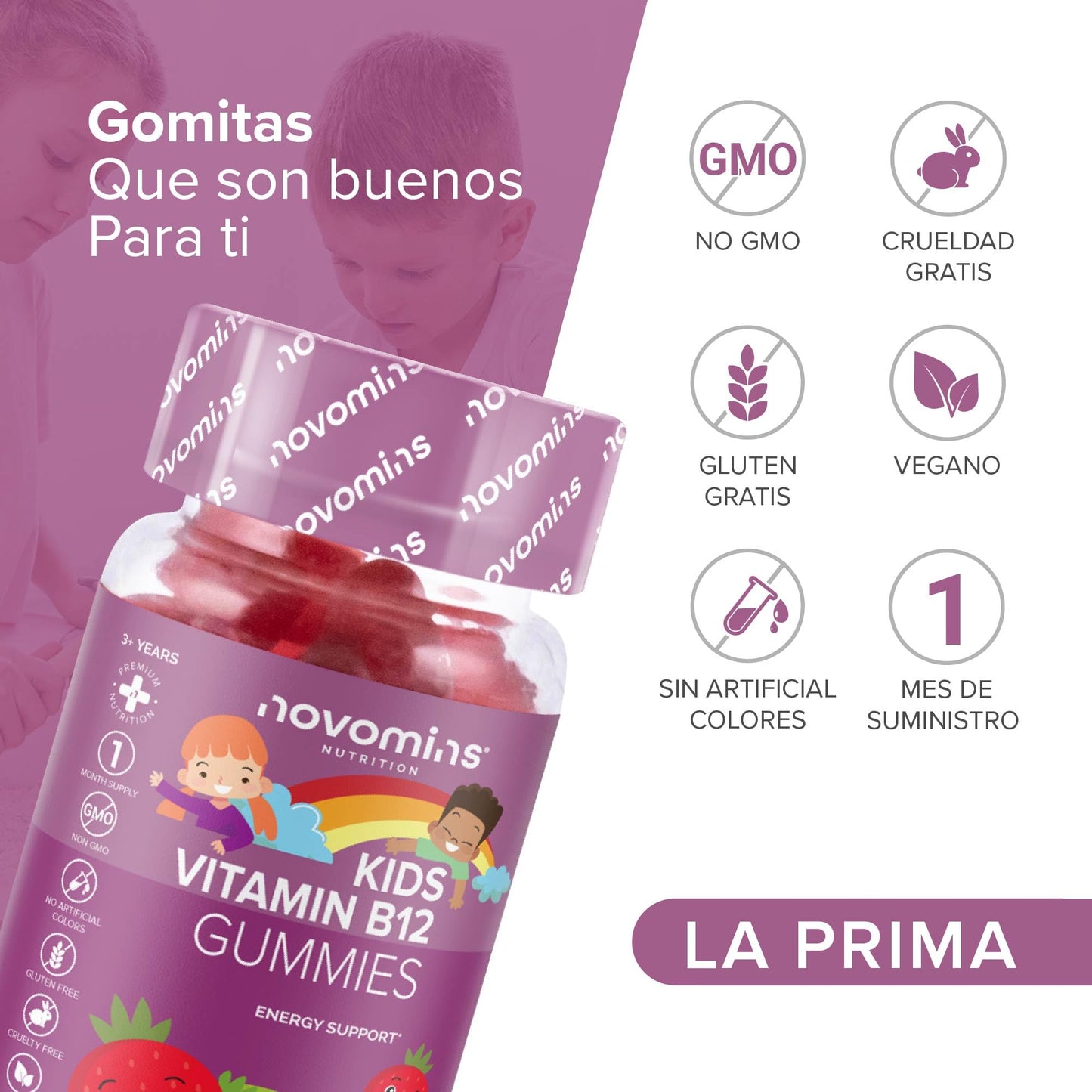 Kids Vitamin B12 Gummies - Energy & Metabolism Support Supplement - 30 Chewable Childrens B Complex Supplements – Vegan, Non-GMO - Enriched with Vitamin C, B1, B2, B6, Biotin - Made by Novomins