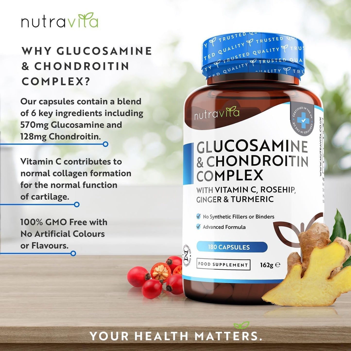 Glucosamine and Chondroitin Complex (2 Packs of 180) – 360 High Strength Capsules – Contributes to Maintenance of Normal Immune System – Vitamin C, Turmeric, Ginger and Rosehip – UK Made by Nutravita