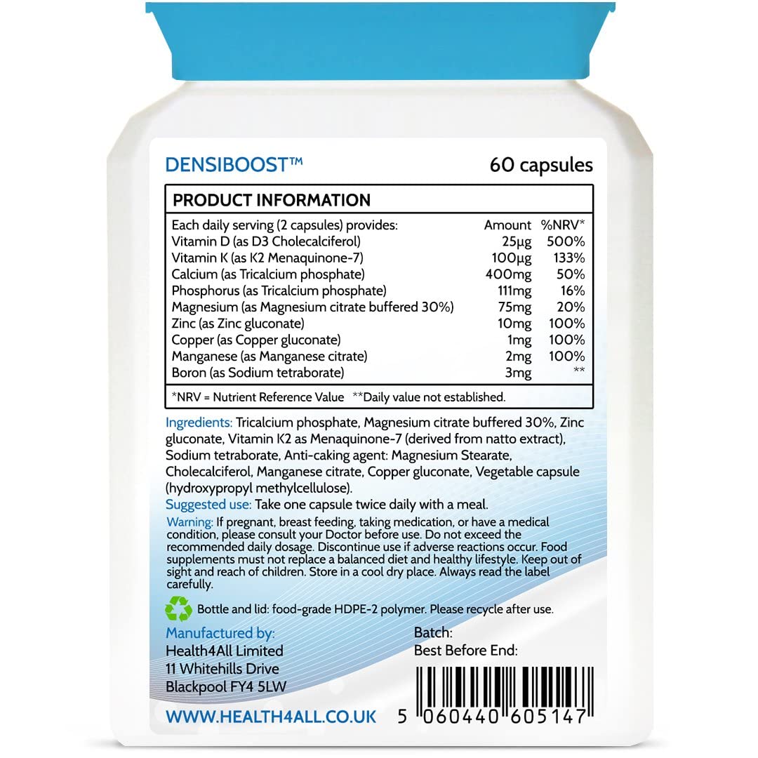 Densiboost Bone Remineralisation 60 Capsules (not Tablets) with Calcium, Magnesium, Manganese, Phosphorus, Copper, Boron, Zinc and Vitamins D3 and K2 MK-7. Made in The UK by Health4All