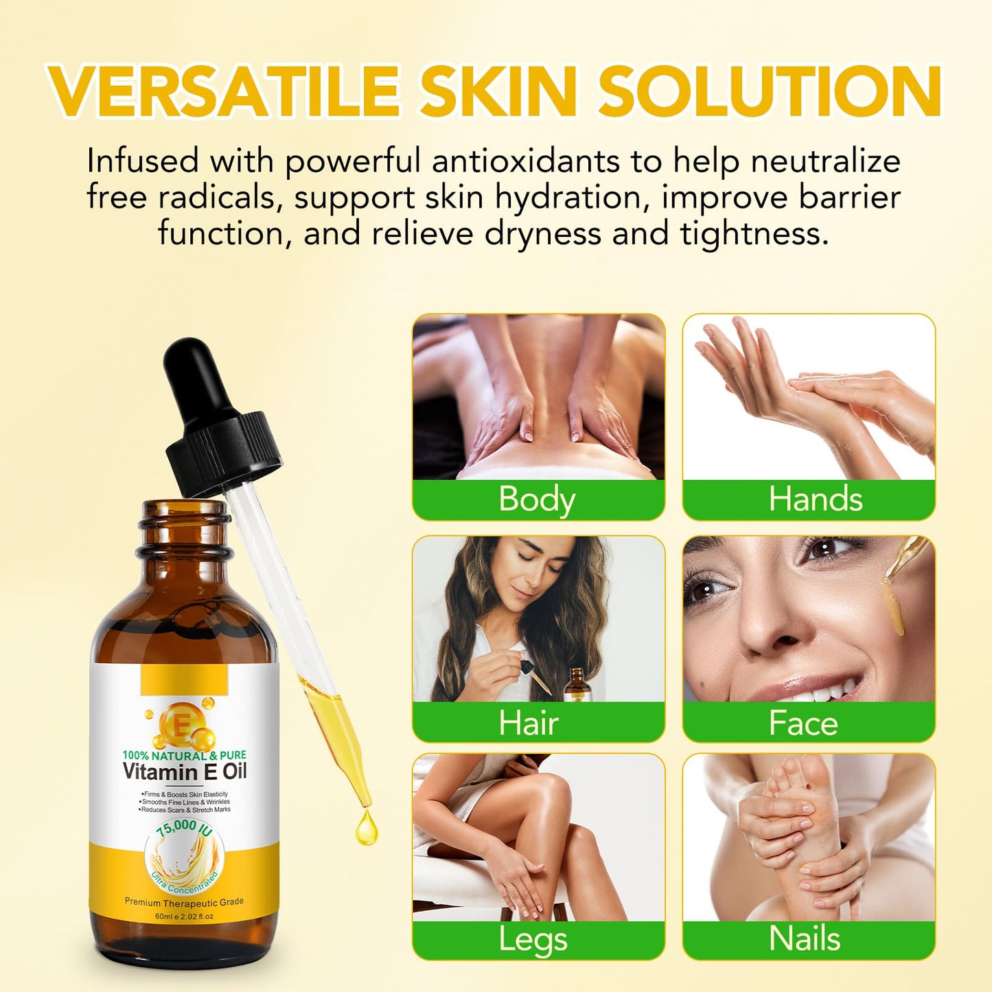 Uocasi Vitamin E Oil for Face & Skin, 75,000 Iu| 2 Fl Oz 100% Pure And Natural Bio Body VIT E Oil, Strengthens & Moisturizes Growth Of Nails, Scar, Scalp, Hair, Eyebrows & Eyelashes - Natural & Plant-based