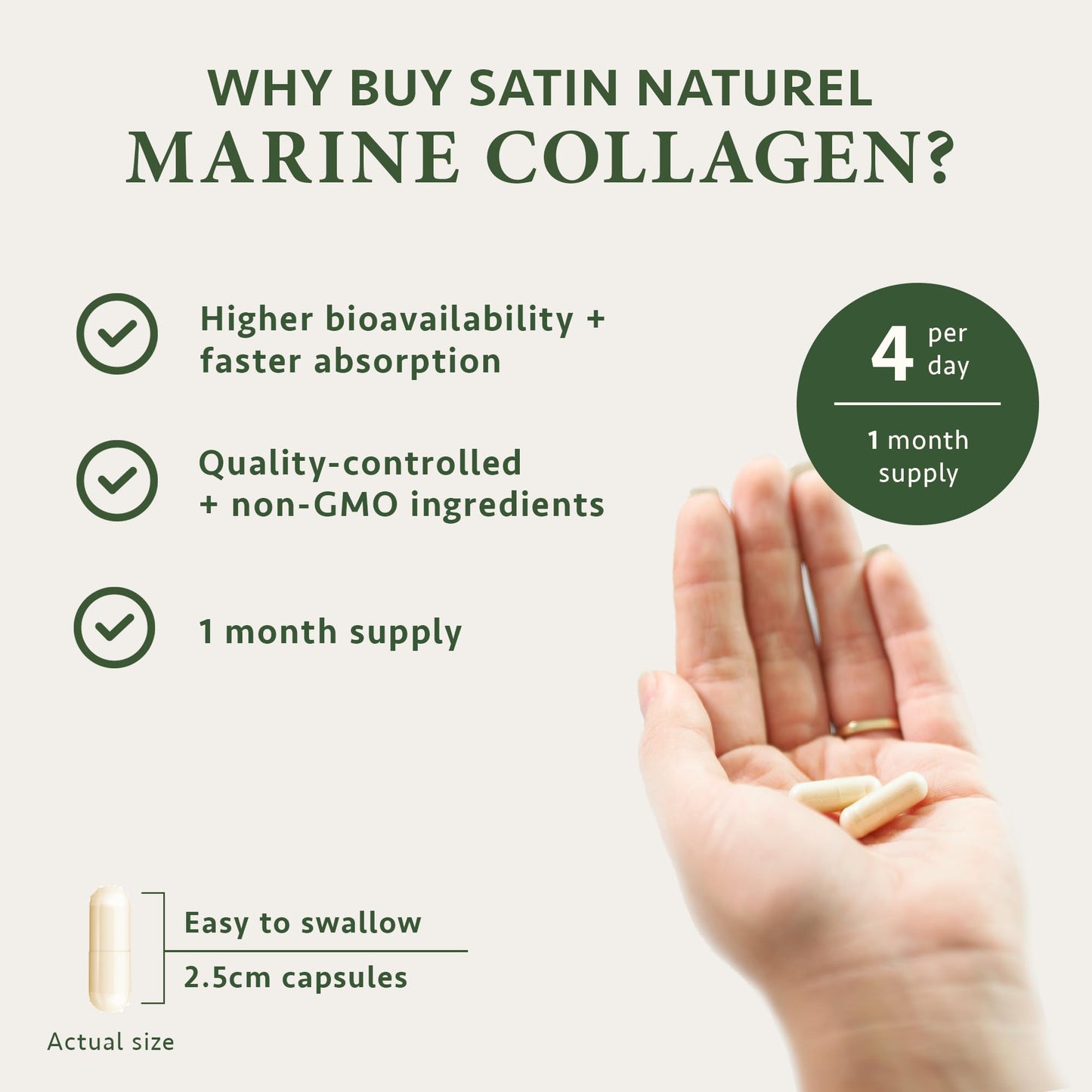 Marine Collagen Capsules with Hyaluronic Acid + Vitamin C 2400mg - High Strength Collagen Supplements for Women - 120 Capsules - for Skin, Joints & Hair - Collagen Tablets Alternative - Satin Naturel