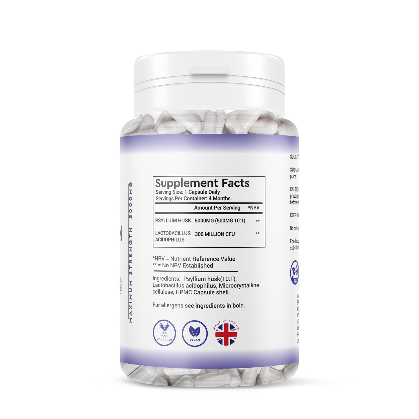 Physlium Husk 5000mg - 4 Month Supply 120 Capsules - Vegan Physlium Husk