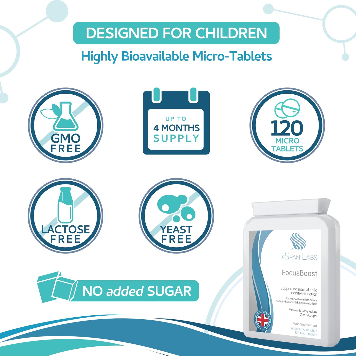 Xspan Labs FocusBoost 120 Highly bioavailable Micro-Tablets - Magnesium Citrate, Zinc Picolinate, Copper Glycinate & Vitamin B6 Balanced for Children and Adults - Superior Absorption - Vegan Friendly - UK Made