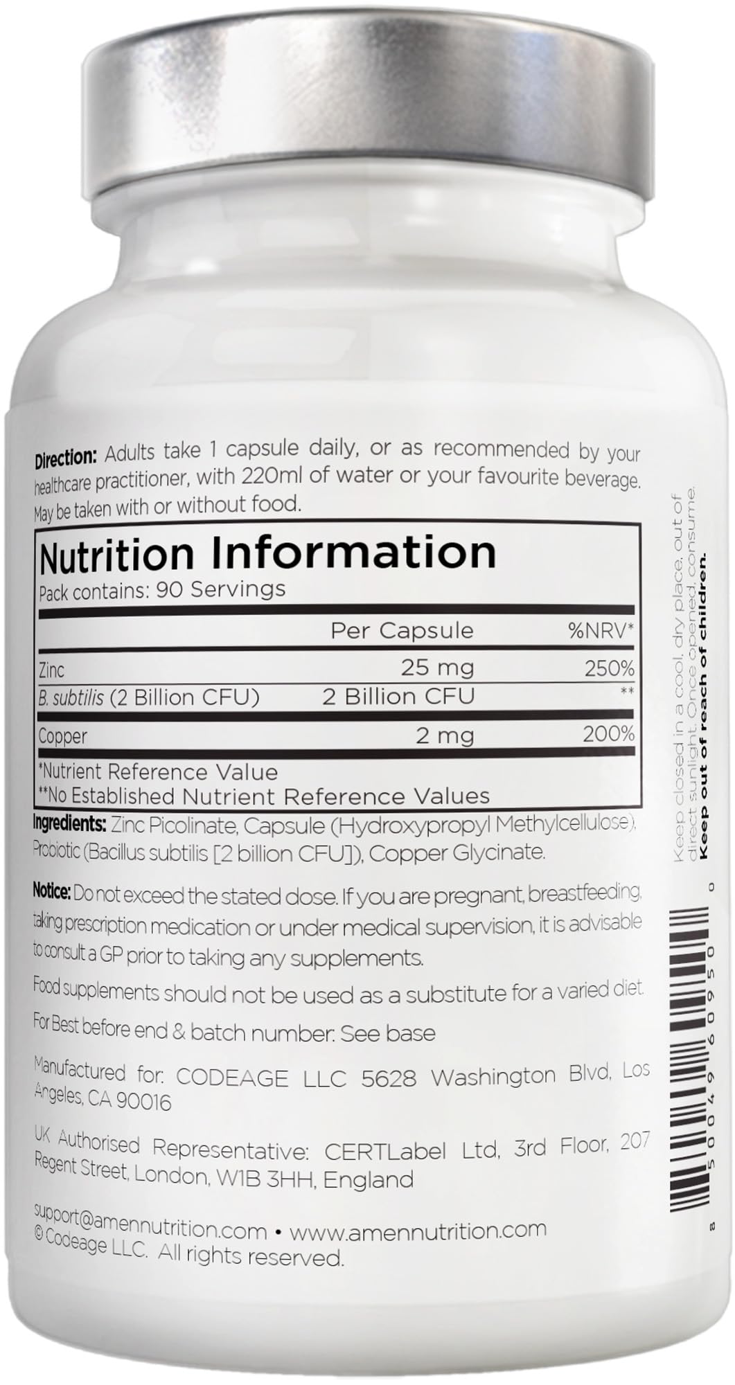Zinc & Copper Supplement + Probiotics – 3 Months Supply – One Per Day - 25 mg Zinc Picolinate Vitamin Pills - Essential Minerals Supplements – 2 Billion CFUs Probiotic – Vegan, Non-GMO - 90 Capsules