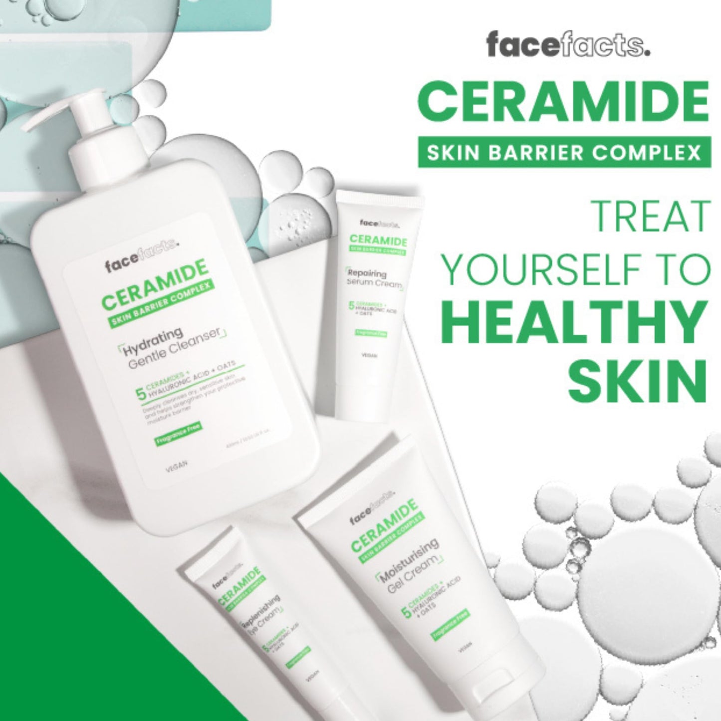 Face Facts Ceramide Eye Cream; Hydrates delicate skin; Strengthens skin barrier, reduces puffiness and dark circles; 5 Ceramides, Hyaluronic Acid, soothing Oats, Glycerin and Vitamin E; 15ml