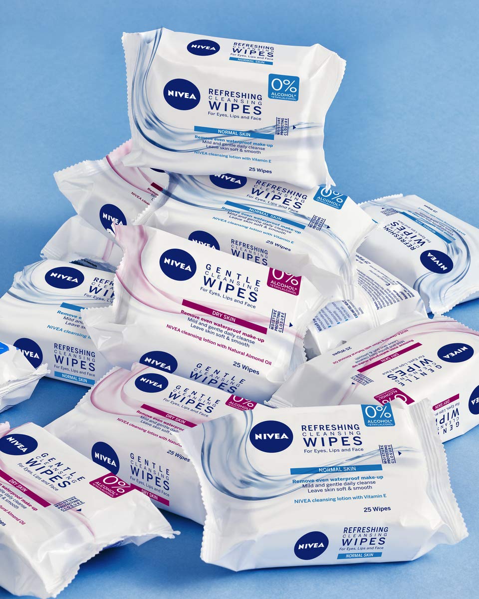 NIVEA 3 in 1 Refreshing Cleansing Wipes Pack of 6 (6 x 25 Wipes), Refreshing Make-Up Wipes with Vitamin E, Cleansing Face Wipes, Make Up Remover