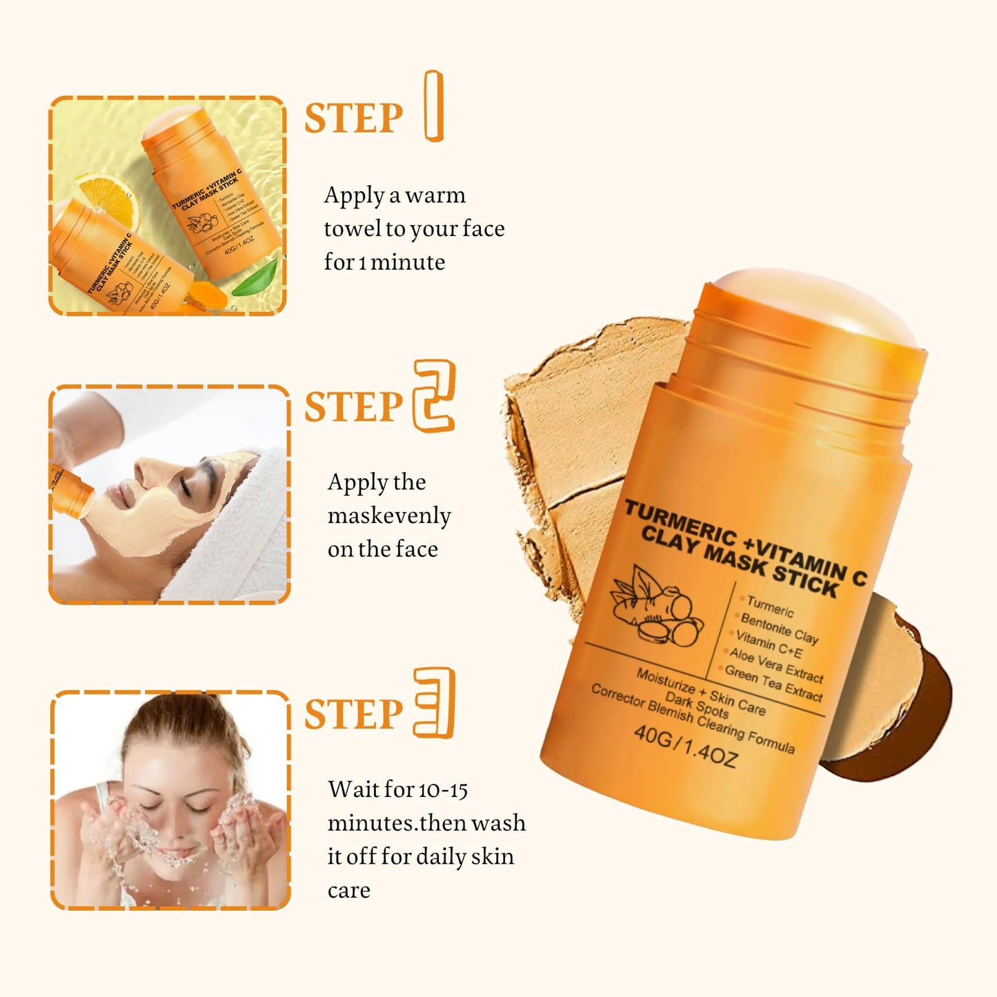 IZBEAUVO Turmeric Clay Mask,Turmeric Vitamin c Face Mask,Clay Face Mask,Turmeric Mask Stick,Clay Mask for Pores Deep Cleanse,Reduce Acne Dark Spots & Pores Anti-Aging,Brightening for Men and Women
