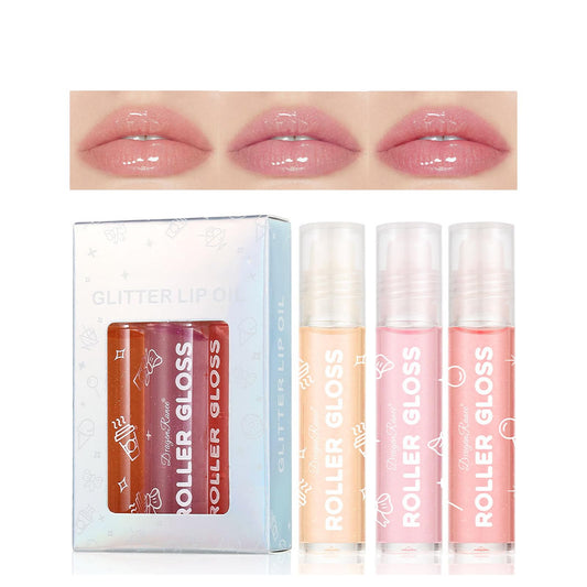 GEEWHILE Lip Gloss 3 Pcs Hydrating Lip Oil Set, Moisturizing Roll-On Lip Gloss Set Plumping Lip Oil Liquid Lipstick, No-Sticky Long Lasting Lip Glow Balm Lip Care for Dry and Chapped Lips