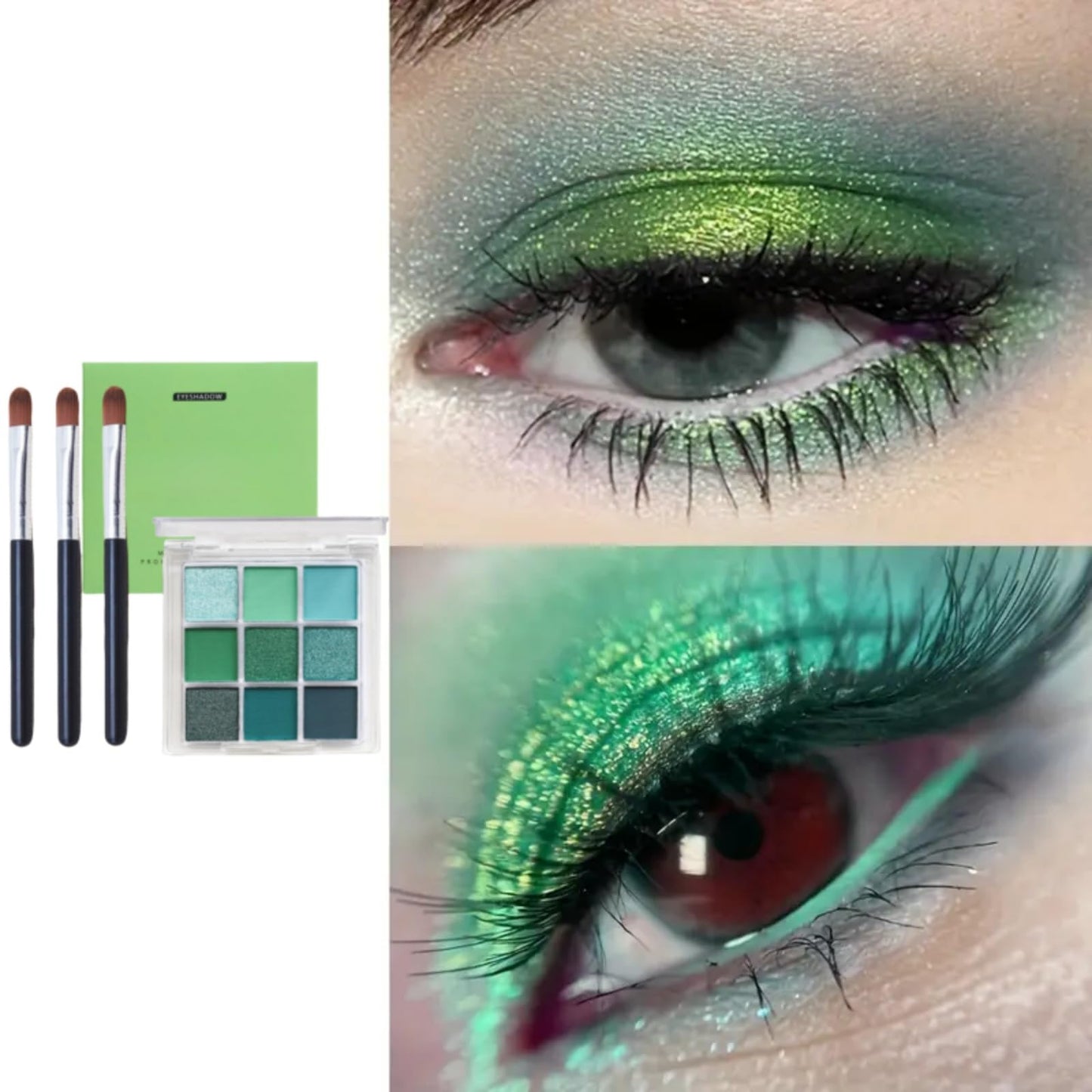 HIVETZ Green Eyeshadow Palette,Shimmer Eye Shadow Palettes,Glitter Eye Shadow Makeup,Glitter and Matte Eyeshadow,Green Eyeshadow,Highly Pigmented Eye Shadow Green,Eye Shadow Pallets with 3 Eyeshadow Brushes