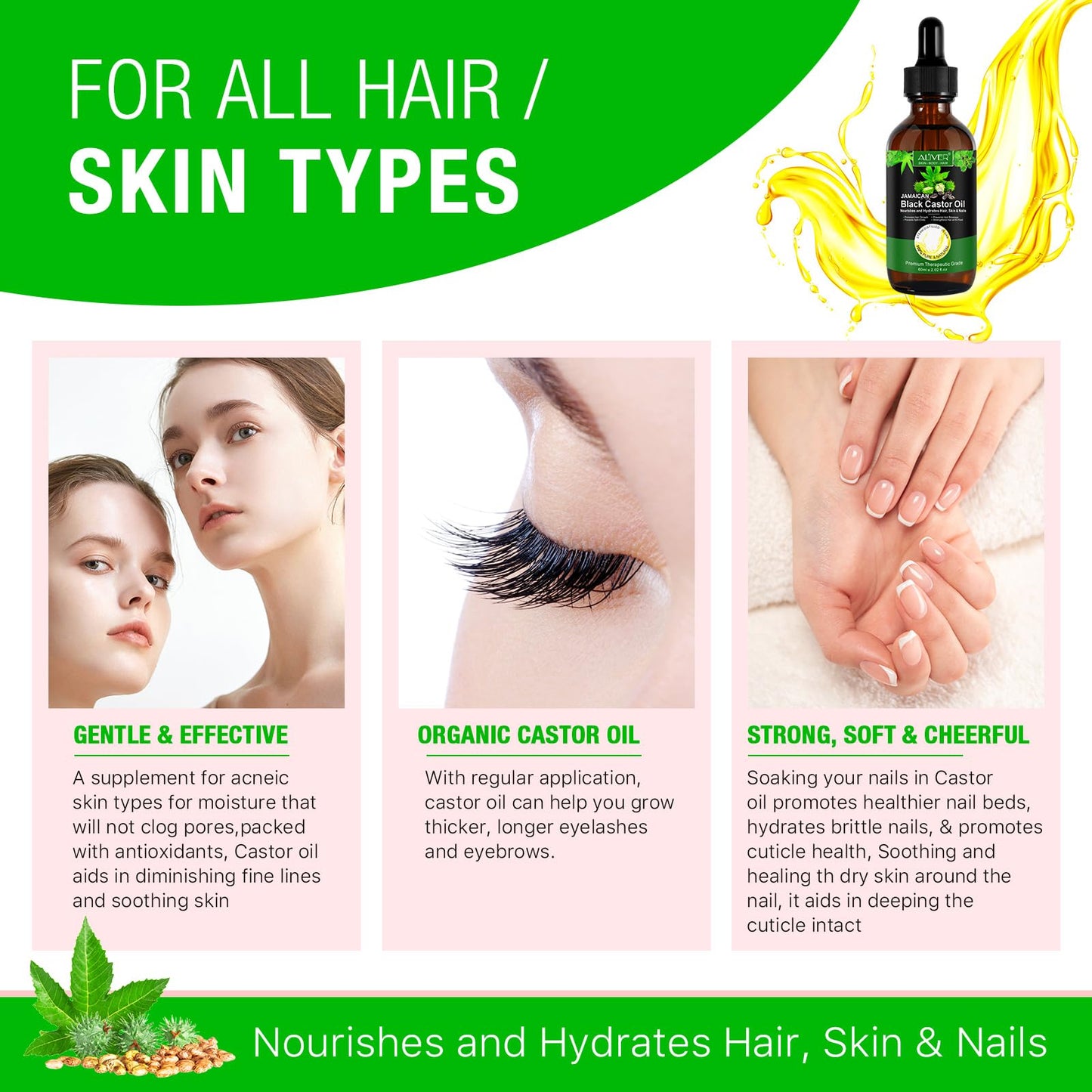 Jamaican Black Castor Oil,60ML Massage Oil for Aromatherapy, 100% Pure Natural Cold Pressed Organic Castor Oil, Stimulate Growth for Hair, Eyelashes, Eyebrows, Skin Moisturizer & Hair Oil and Body Oil