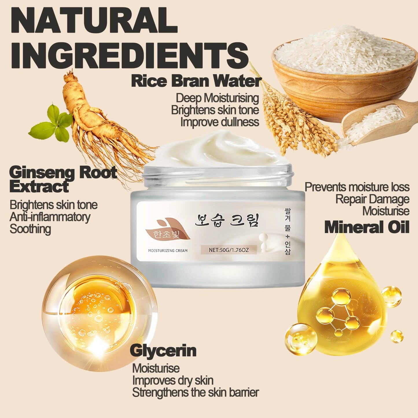 Trendyfave Ginseng & Rice Cream, Korean Face Cream - Anti-Aging Face Moisturizer For Deep Hydration & Firming, Korean Skincare For Glowing Skin, Soothing Cream To Even Skin Tone, Vegan & Fragrance-Free