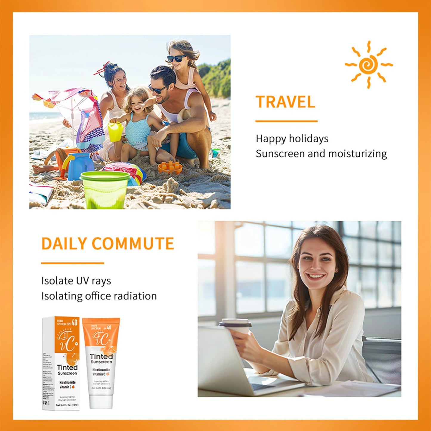 ISBEAUSOLS VC Tinted Sunscreen for Face - Factor 40 Sun Cream - Natural Skin Color & Non-Greasy SPF 40 Face Moisturiser - Suncream with Vitamin C & E - 40ML Lightweight Daily Protection for Women