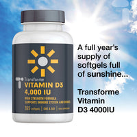 Transforme Vitamin D3 4000 IU, 365 Capsules 1 Year Supply, Maximum Strength High Absorption Softgels, Easy to Swallow Quadruple Strength VIT D3 Cholecalciferol - Not Tablets, Gluten Free