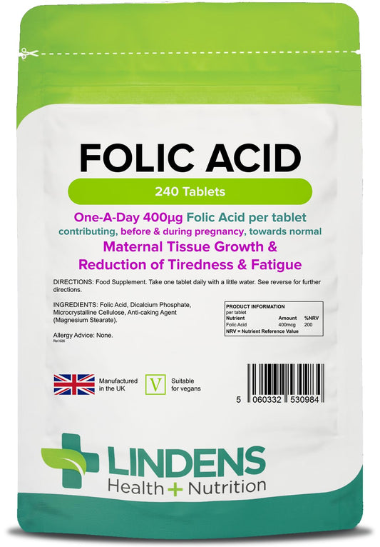 Lindens Folic Acid 400mcg - 240 Vegan Tablets - Pregnancy, UK Made to GMP | Immune Health, Energy and Vitality, Blood Formation, Psychological Function, Amino Acid | Made in the UK, Letterbox Friendly