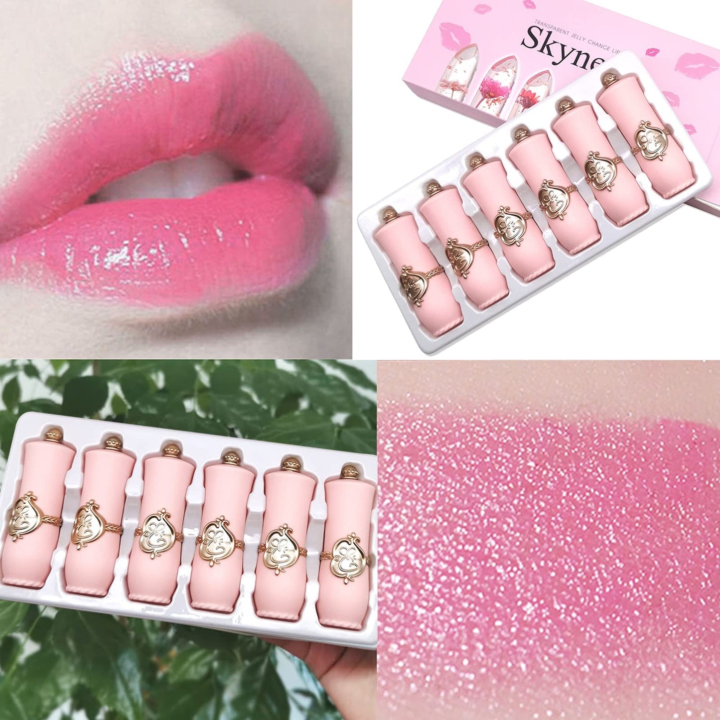 Skynest Clear Flower Jelly Lipstick, 6 Packs Nutritious Moisturizer Lip Balm Temperature Color Change Lipstick Matte Long Lasting Lip Gloss (Pink)