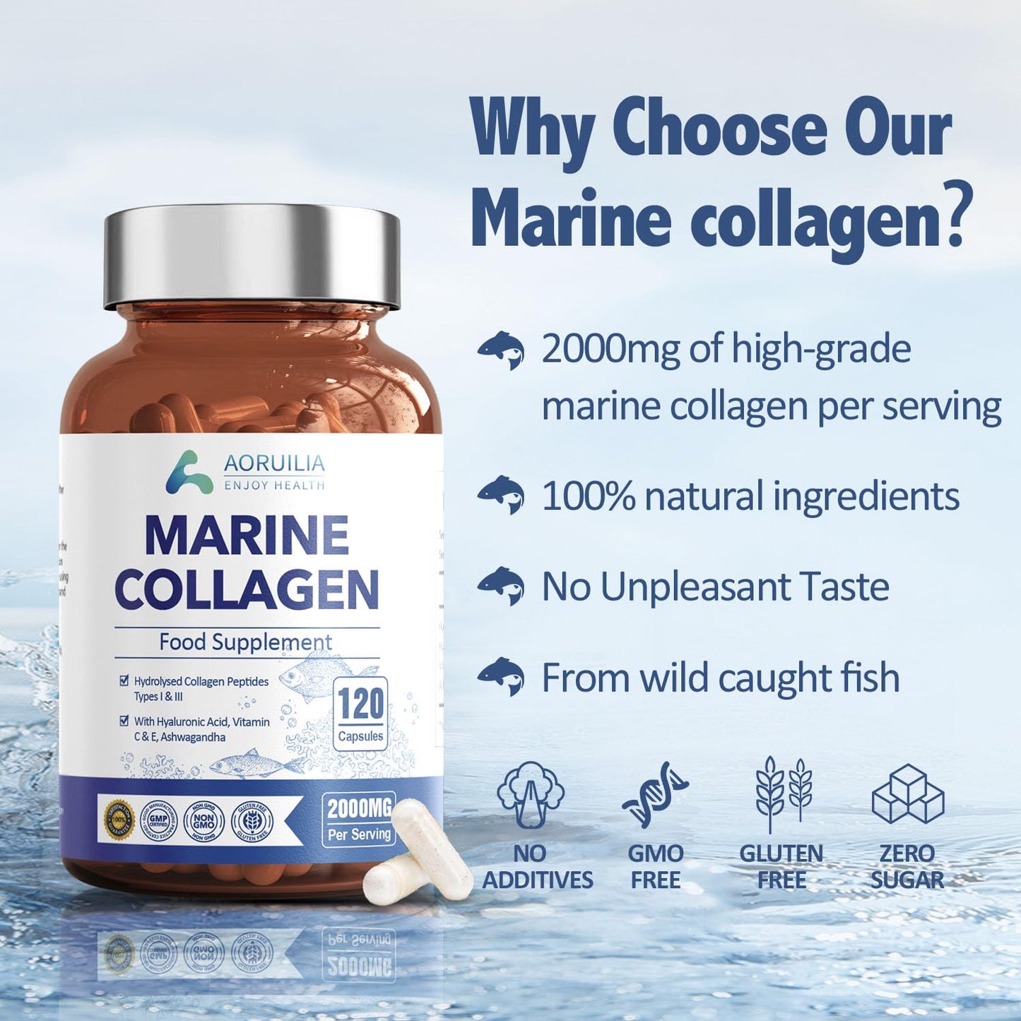 Marine Collagen Supplements for Women Men 2000mg 120 Capsules Hyaluronic Acid, Vitamin C, Vitamin E & Ashwagandha, Hydrolysed Collagen Peptides Types I & III Collagen Complex for Skin Joints Hair