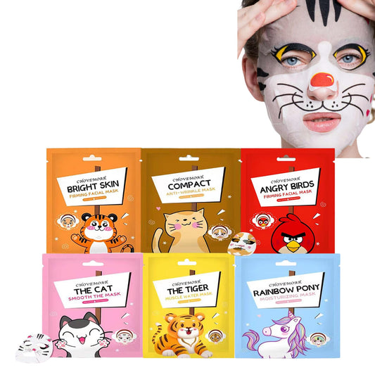 ChicNana 6Pcs Sheet Mask, Face Mask Set for Teenage Girls, Fun Animal Printed Sheet Face Masks, With Tiger and Cat Easy Use Face Mask Gift Set, Hydrating, Soothe, Brighten, Face Masks for All Skin Types