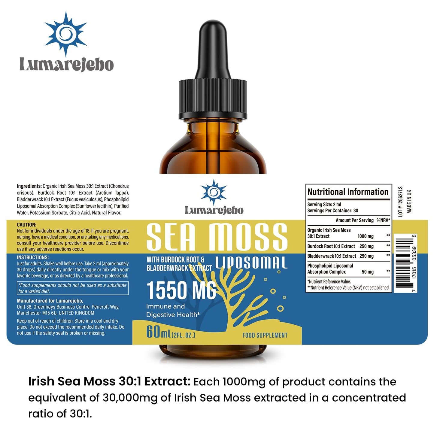 Lumarejebo Liposomal Irish Sea Moss Drops 1550MG, with Burdock Root and Bladderwrack Extract, 4X Stronger Than Pills & Gel, Support Gut & Immune Health (Pack of 3)