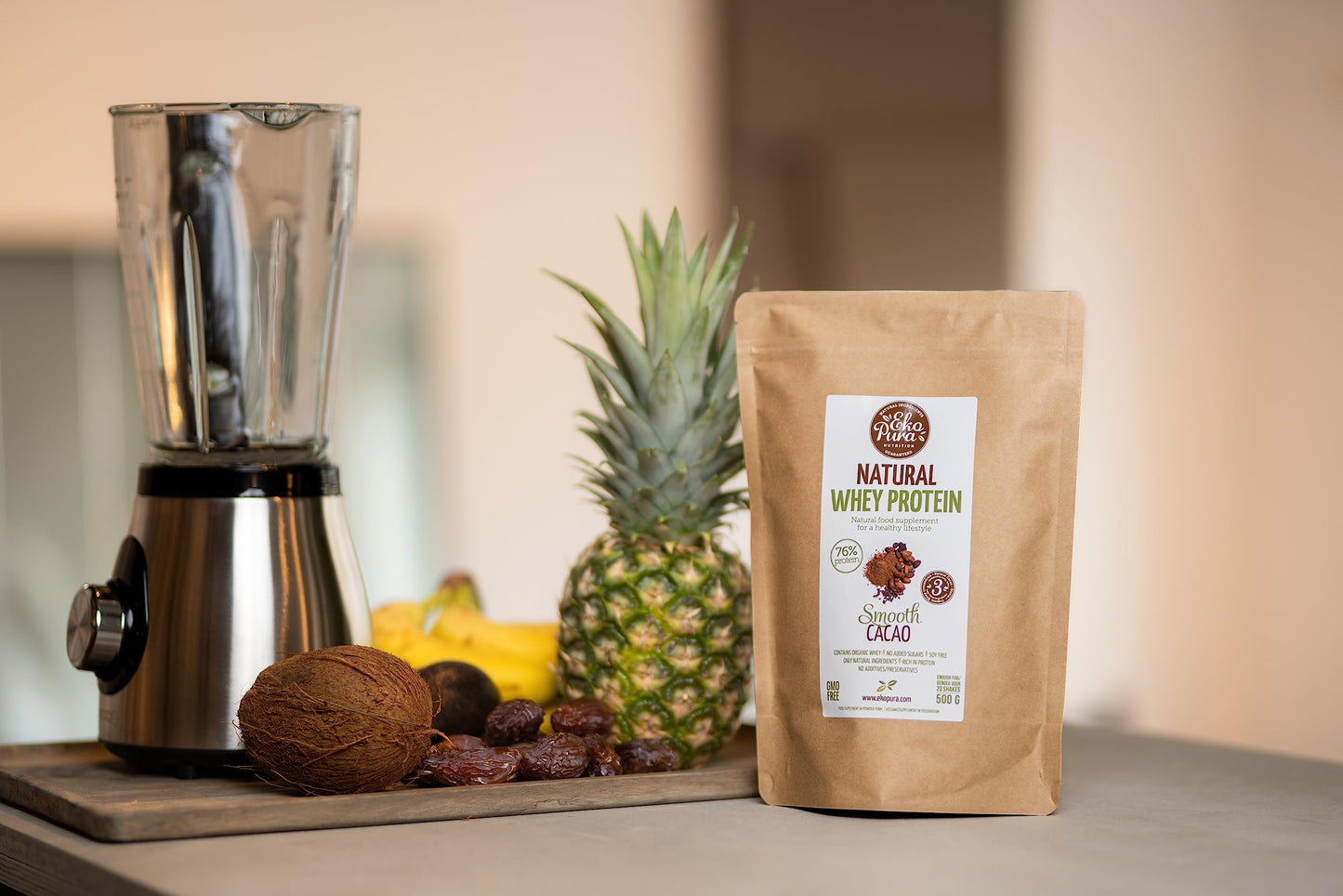 Ekopura Natural Whey Protein - Cocoa - 500g | 76% Protein | 100% Natural Grass Fed Whey| Hormone-Free, GMO-Free, Soy-Free, Additives Free, No Added Sugar | Muscle Growth, Recovery and Retention