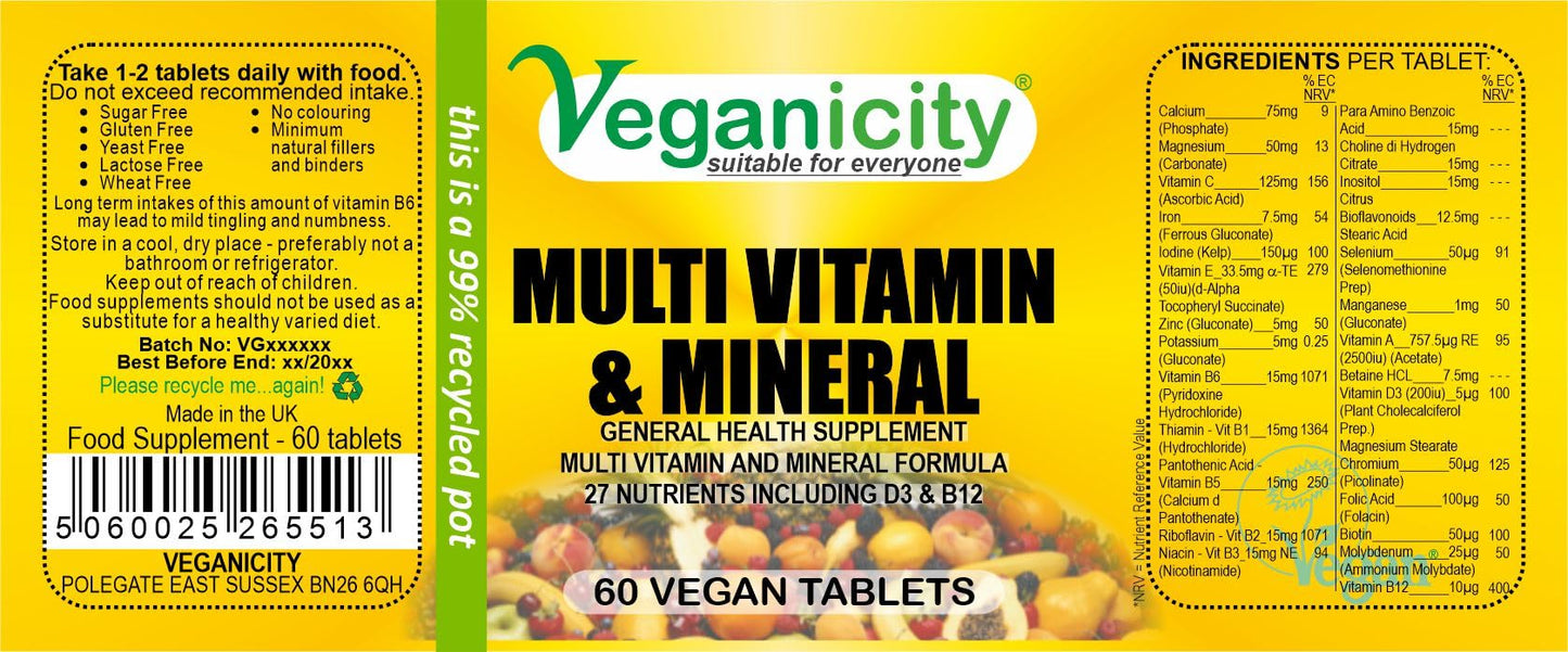 Veganicity Multi Vitamin & Mineral : General Health and Well-Being Supplement : 60 Tablets, in a Planet-Friendly 99% Recycled Pot