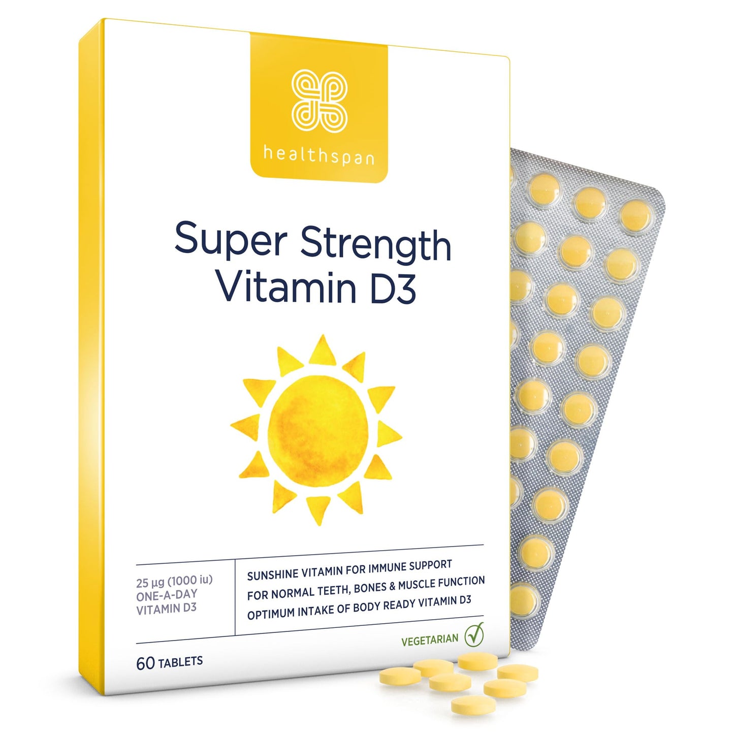 Healthspan Super Strength Vitamin D3 | Immune Health | Bone, Teeth & Muscle Health | Contains 1,000iu of Natural Source Vitamin D3 in Each Tablet | Vegetarian (60 Tablets)