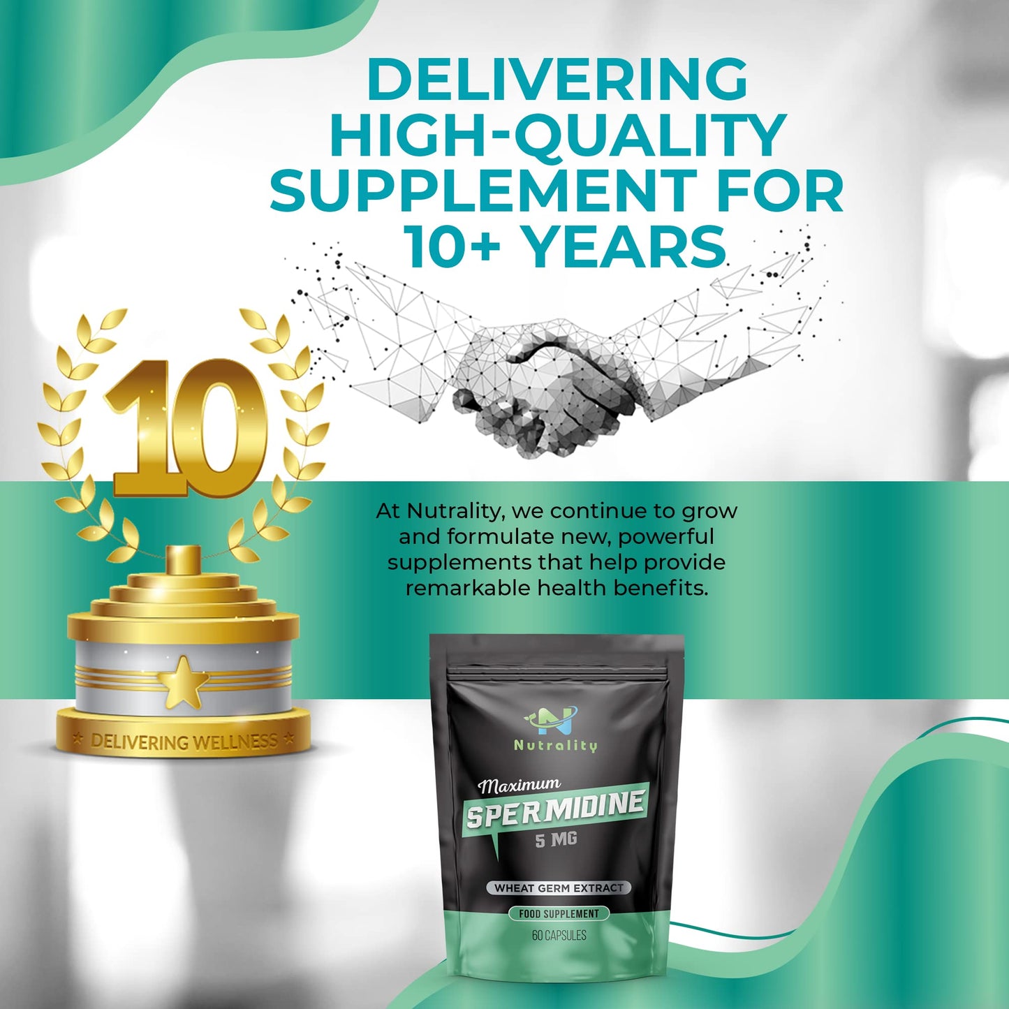 Nutrality Spermidine Supplement 5mg | Glucose Metabolism & Immune Support | for Women & Men | Wheat Germ Extract for Cellular Renewal & Longevity | 60 Vegan Capsules