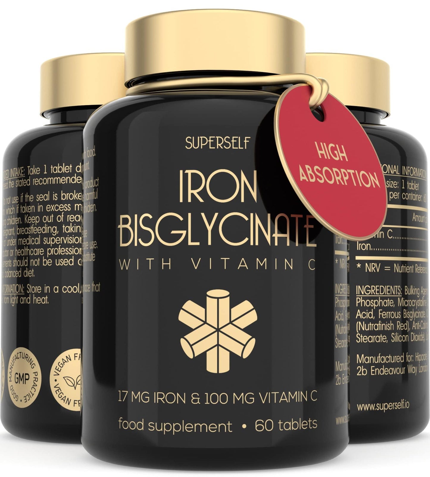 SuperSelf Gentle Iron Tablets 17mg - High Strength Iron Supplements for Women & Men with Vitamin C - Ferrous Iron Bisglycinate for High Absorption - 60 Vegan Tablets - Energy Tablets for Tiredness and Fatigue