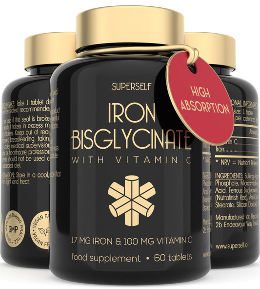 SuperSelf Gentle Iron Tablets 17mg - High Strength Iron Supplements for Women & Men with Vitamin C - Ferrous Iron Bisglycinate for High Absorption - 60 Vegan Tablets - Energy Tablets for Tiredness and Fatigue