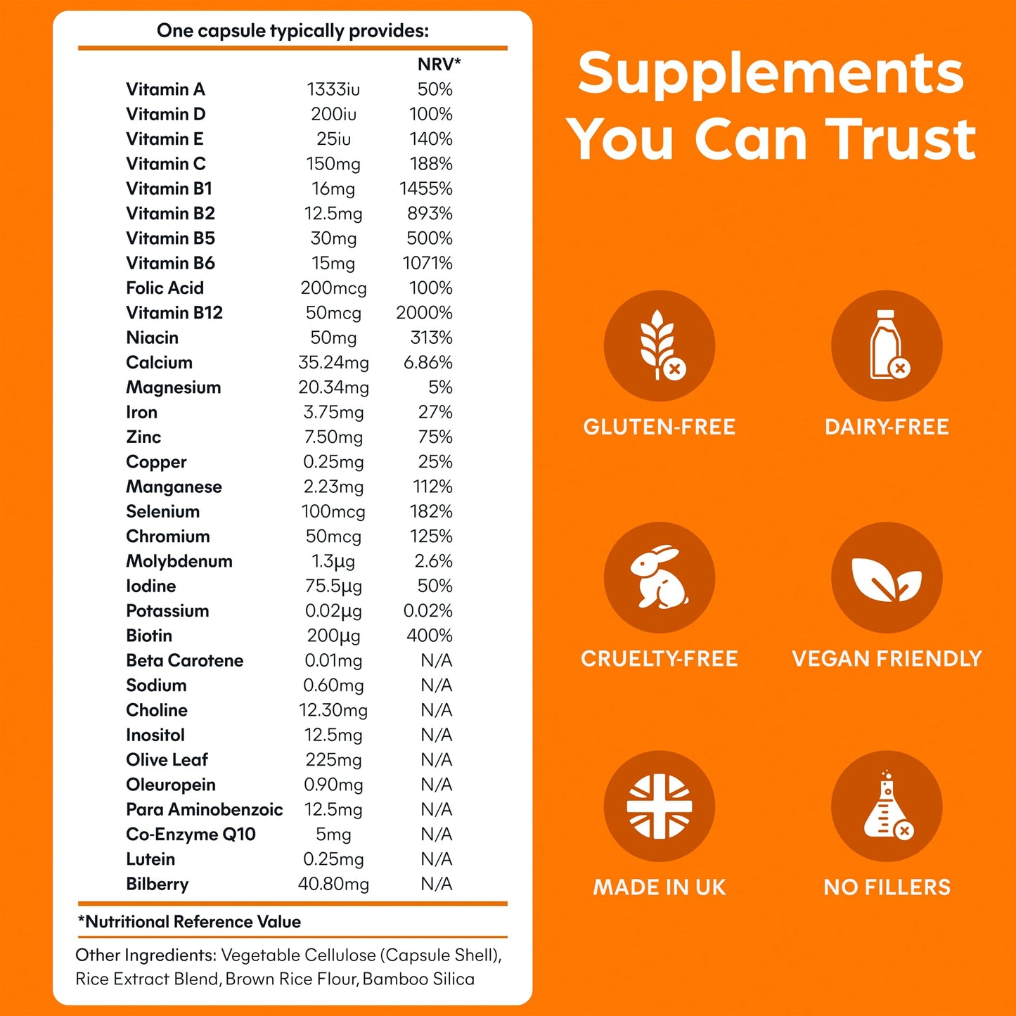 Multivitamins & Minerals Supplement - 34 Essential Nutrients - Daily Multivitamin Tablets for Men & Women - 60 Vegan Capsules - Made in The UK by Purolabs