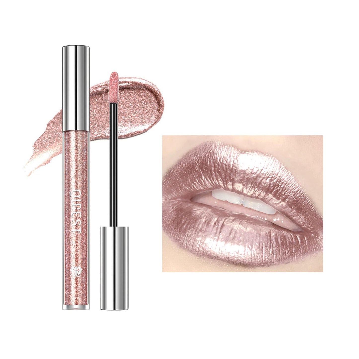 QUIWEN Glitter Lip Gloss Metallic Diamond Glitter Liquid Lipstick Pink Shimmer Lipstick Waterproof Lightweight Soft Metallic Eyeshadow Lipgloss Long-Lasting Nonstick Cup Pink Lip Gloss Shiny And Sparkle