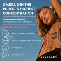 AAVALABS Omega 3 Fish Oil 2000mg per Daily dose (2 softgels) - 1000mg EPA + 500 mg DHA per dose - High Strength Omega 3 Fatty Acids Supplements - Molecularly Distilled - 120 Capsules - 60 Days Supply