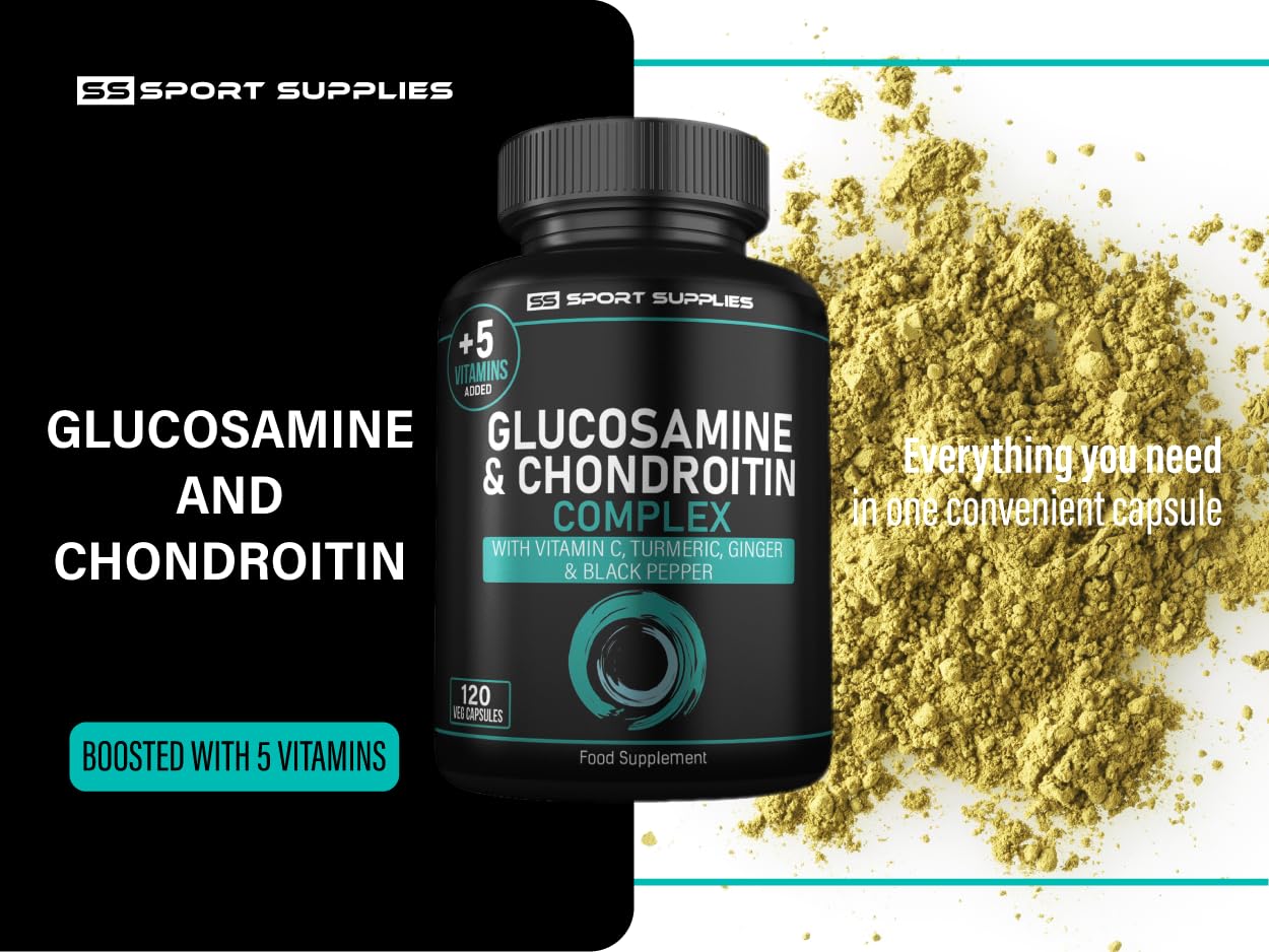 Glucosamine and Chondroitin High Strength Plus 5 Vitamins - 120 Complex Capsules 1,000mg (Providing 530mg Base) - Chondroitin 200mg - Added Turmeric, Ginger, Black Pepper, Vitamin C, B6, B1, D3 & B12