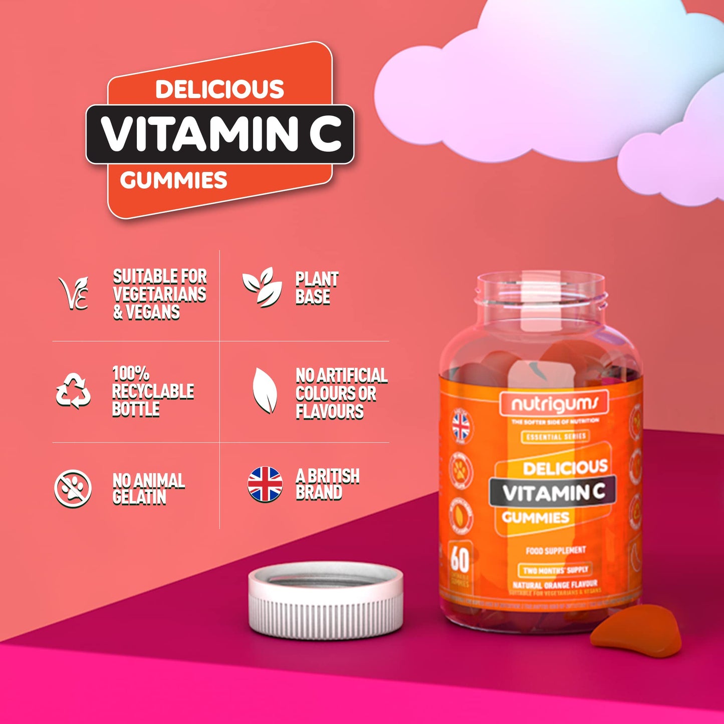 Vitamin C | 60 Orange Flavour Gummies | Two Month Supply | Immune, Energy & Collagen Formation Support | Vegan Suitable by NUTRIGUMS®