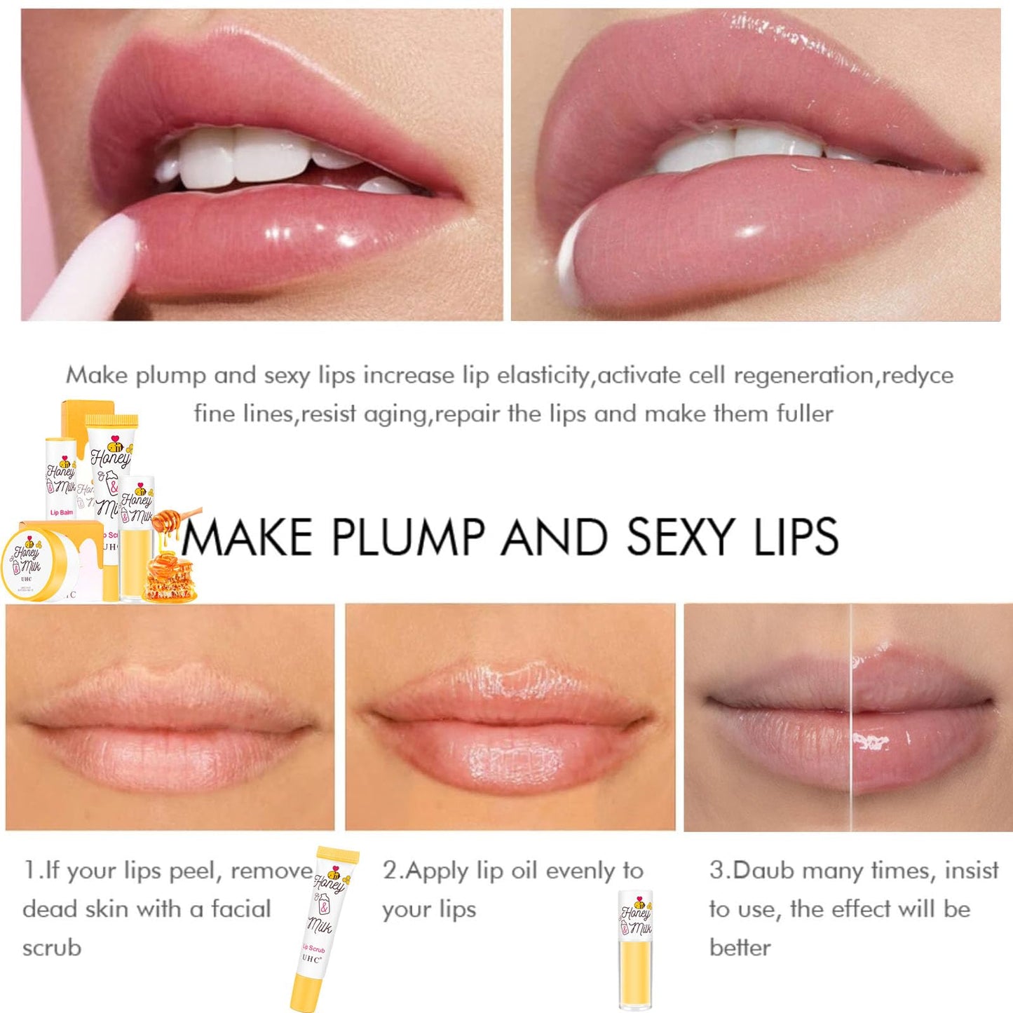 HAORQEE 4PCS Lip Care Set - Lip Mask Lip Balm Lip Scrub Lip Oil, Honeybalm Sleeping Mask Lip Scrub Exfoliator Lip Repair Sets, Moisturizing Hydrating Reduce Lip Lines Lip Balm Set for Dry Peeling Cracked Lips