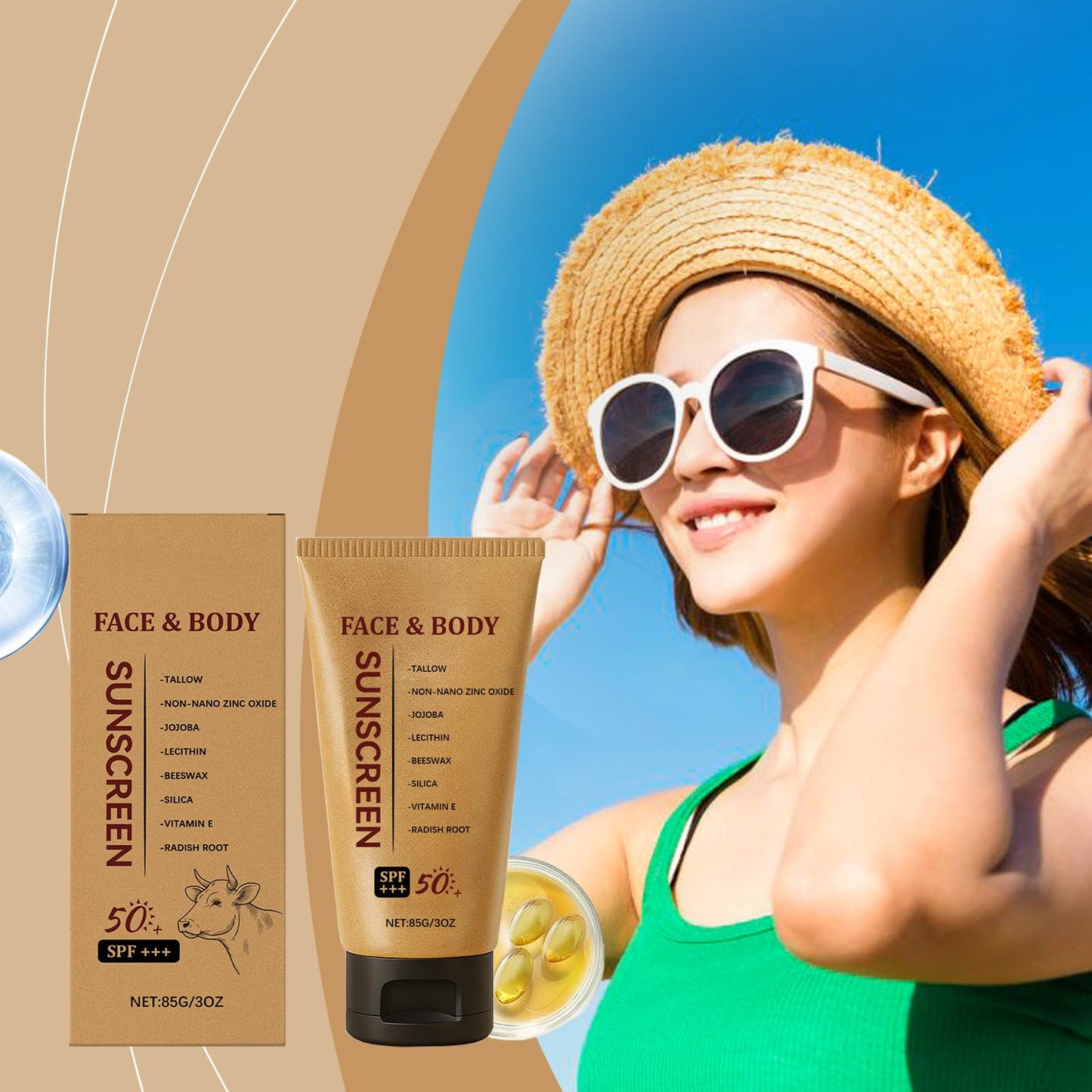 Fashion Base Tallow Sunscreen, Spf 50 Beef Tallow Sunscreen, Natural sunscreen for Face & Body, Non Nano Zinc Oxide sunscreens for All Skin Types, Lightweight, Non Greasy, 85g