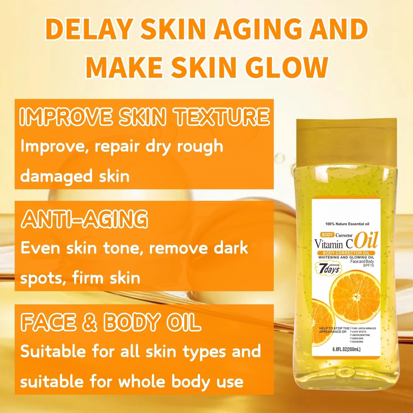 Cureluxe Vitamin C Essential Oils for Skin - Vitamin C Body Gel Oil - Brightening & Firiming Body Oil for Women - Deeply Nourishing Body Gel for Dry Skin - Body & Face Oil 200ml