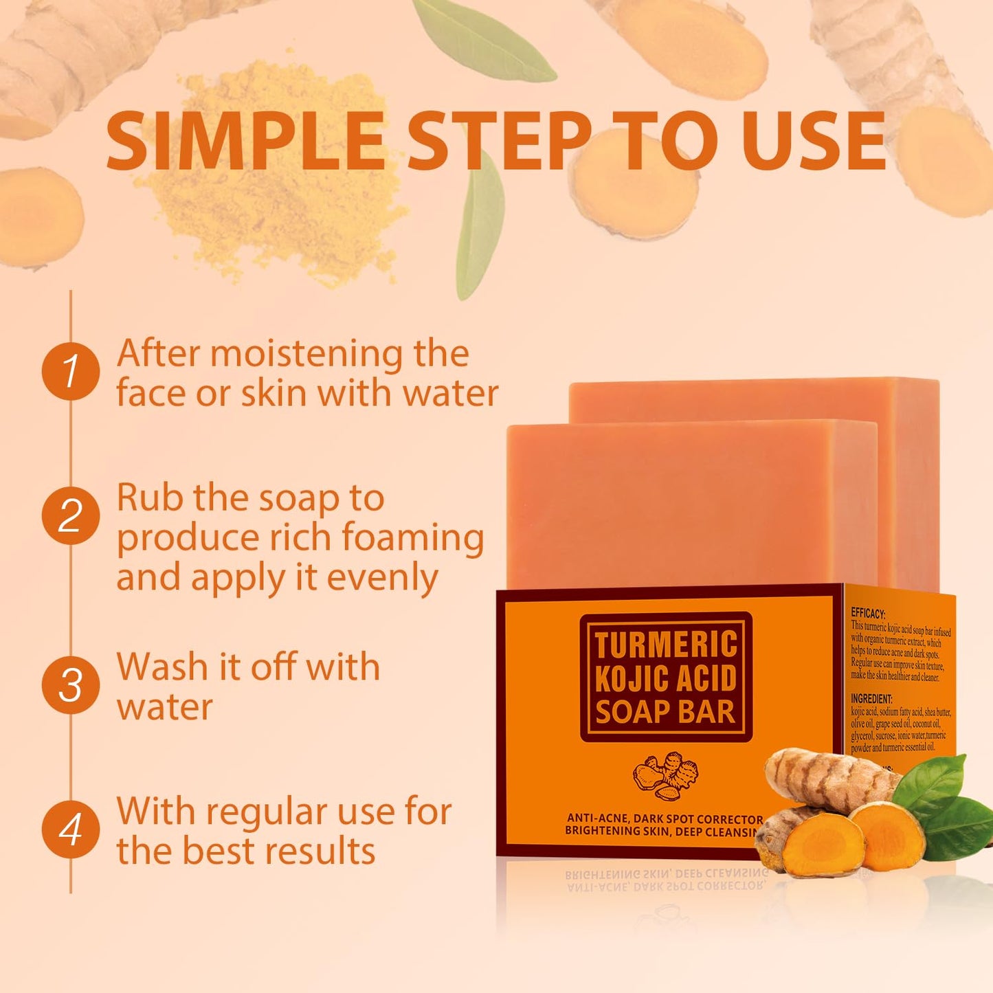 IREV Turmeric Soap with Kojic Acid, Turmeric Soap Bar For Face and Body, Kojic Acid Soap For Dark Spot Remover Brightening Turmeric Soap Bar for Acne Face Bar For Cleansing Exfoliating Wash 200g