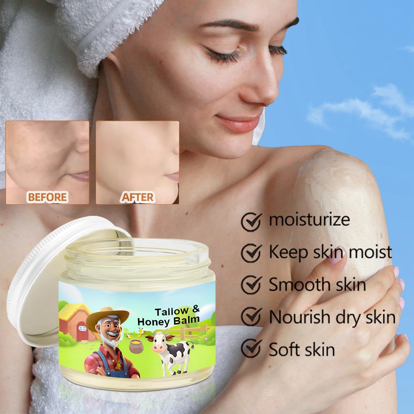 QinZiEn Tallow and Honey Balm,Beef-Tallow Skin Care,Beef-Tallow Moisturiser,Beef-Tallow Face Cream,Smooth Organic Beef-Tallow Skin Lightening Cream,Deeply Moisturizing Beef-Tallow for Dry Skin Face Balm