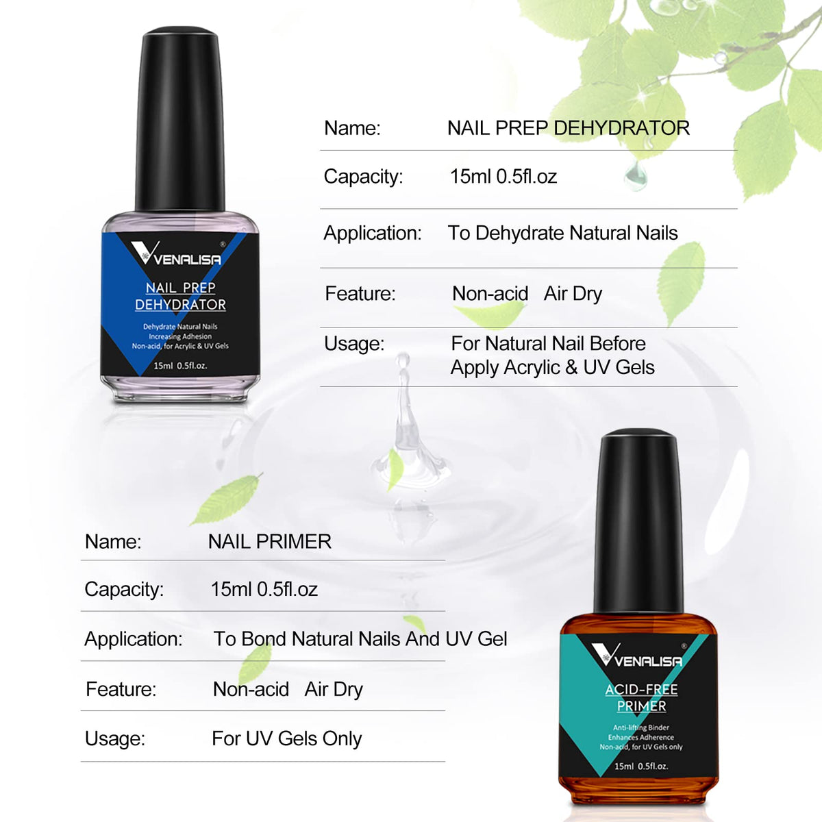 VENALISA Nail Primer and Dehydrator Set Professional Natural Nails Primer and Nail Prep Dehydrate Quick Dry For Gel Nail Polish Extension gel Acrylic Powder 15ml 0.5oz